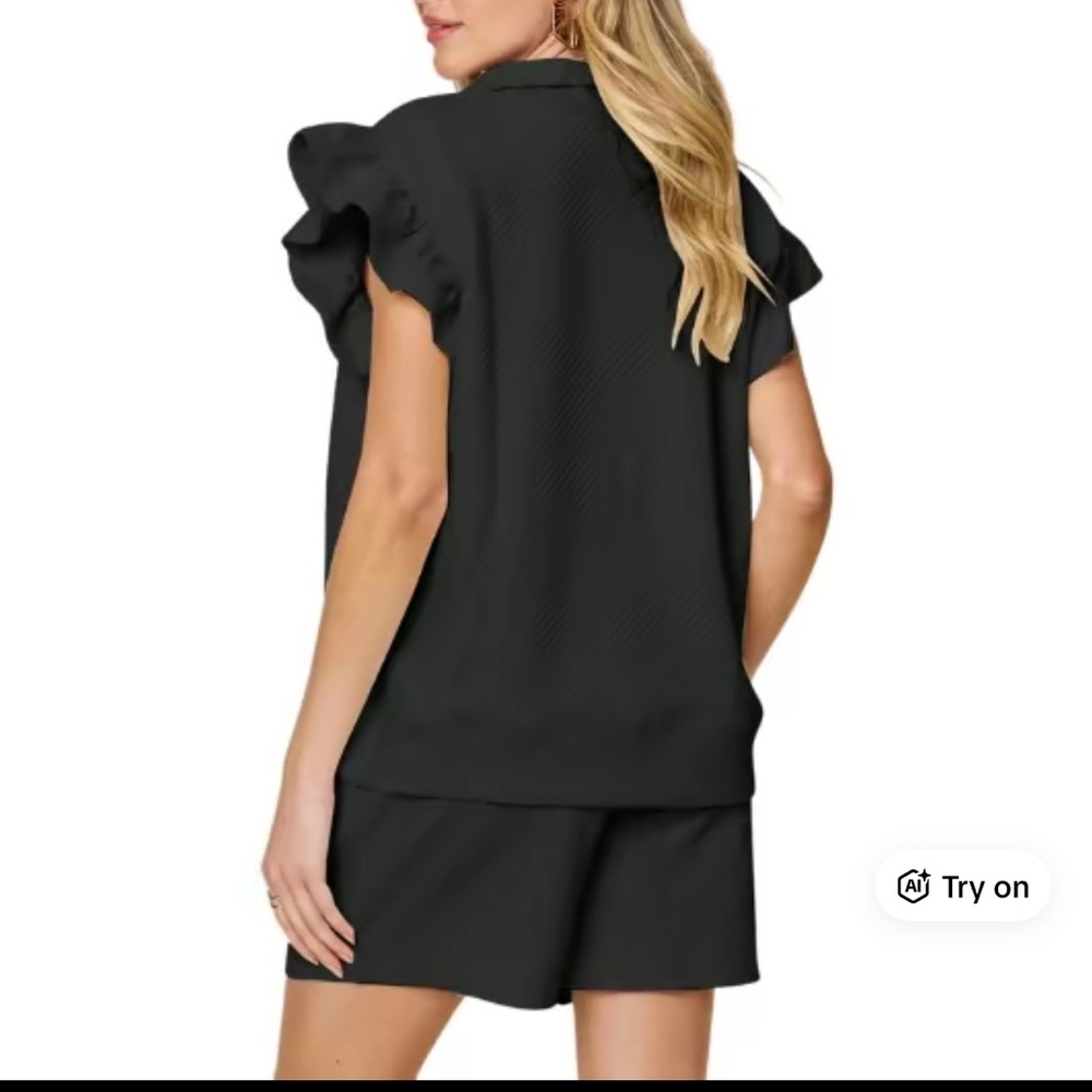 Double Take Black Textured Travel Lounge Outfit Set Top and Shorts Large - Picture 7 of 8